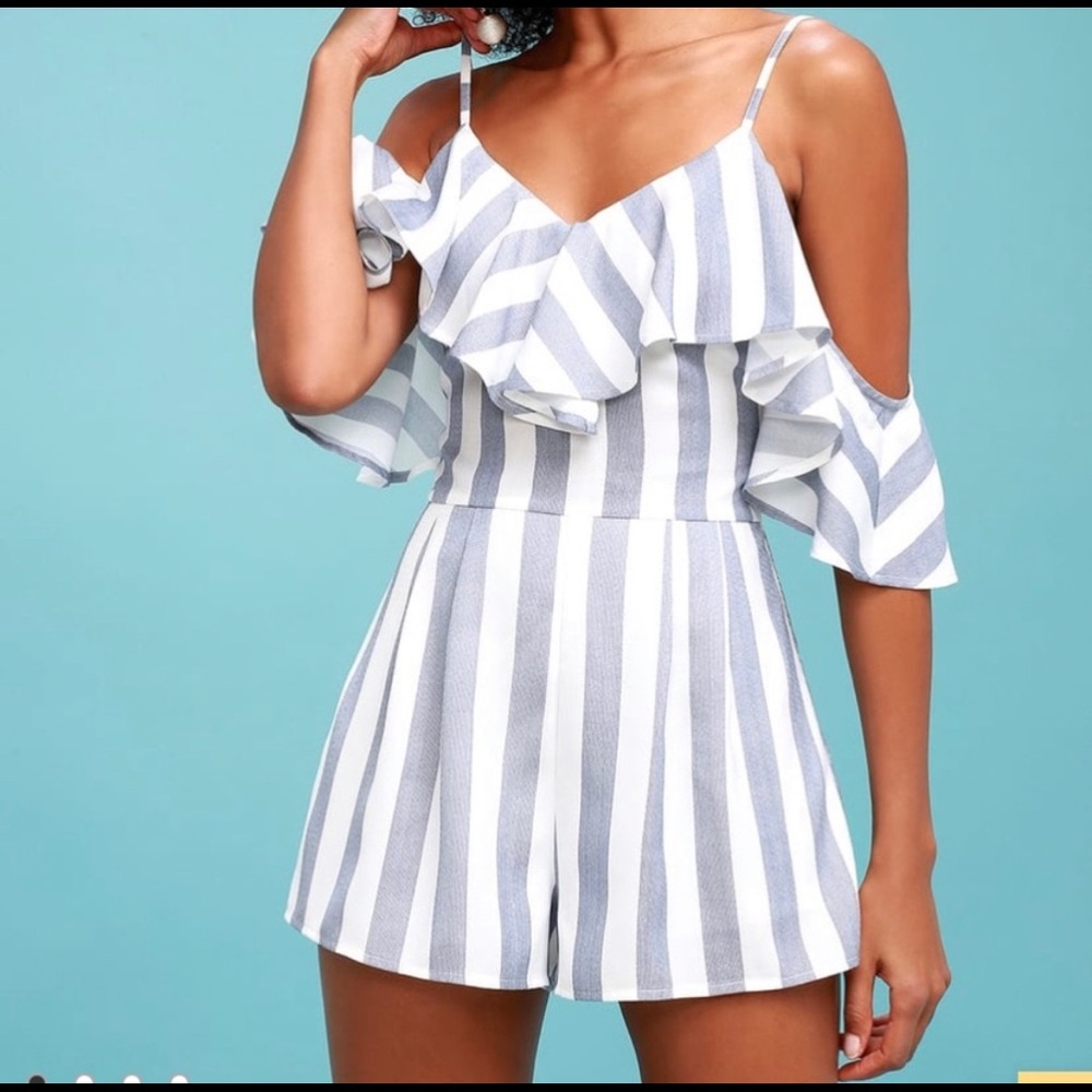 Lulus Blue & White Striped off the shoulder Romper 😍